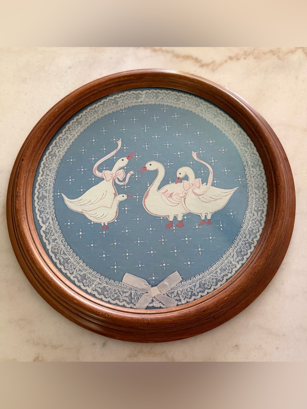 Vintage 80’s Homco Granny Cottage Core Blue Ribbon Goose 12” Round Framed Print